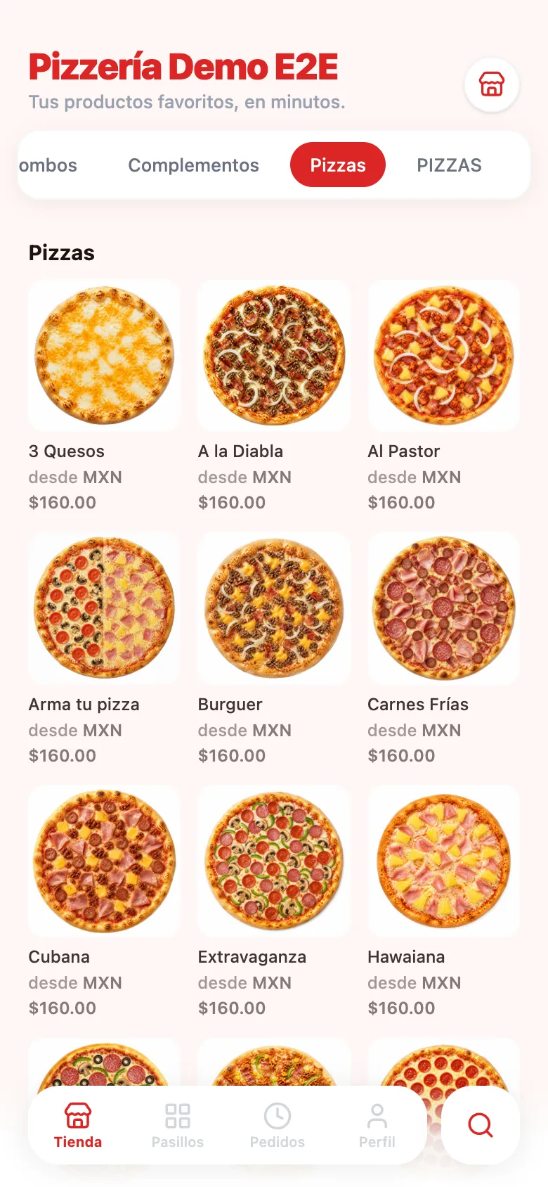 Tienda de una pizzería hecha con ill1 en el celular: menú de pizzas con precios y carrito